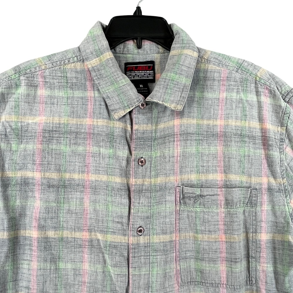 Vintage 1990s FUBU Shirt Mens XL Grey Pastel Plaid Short Sleeve Streetwear